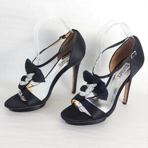 Badgley Mischka Crystal Embellished Sandals 8 M Black Satin Platform Stiletto